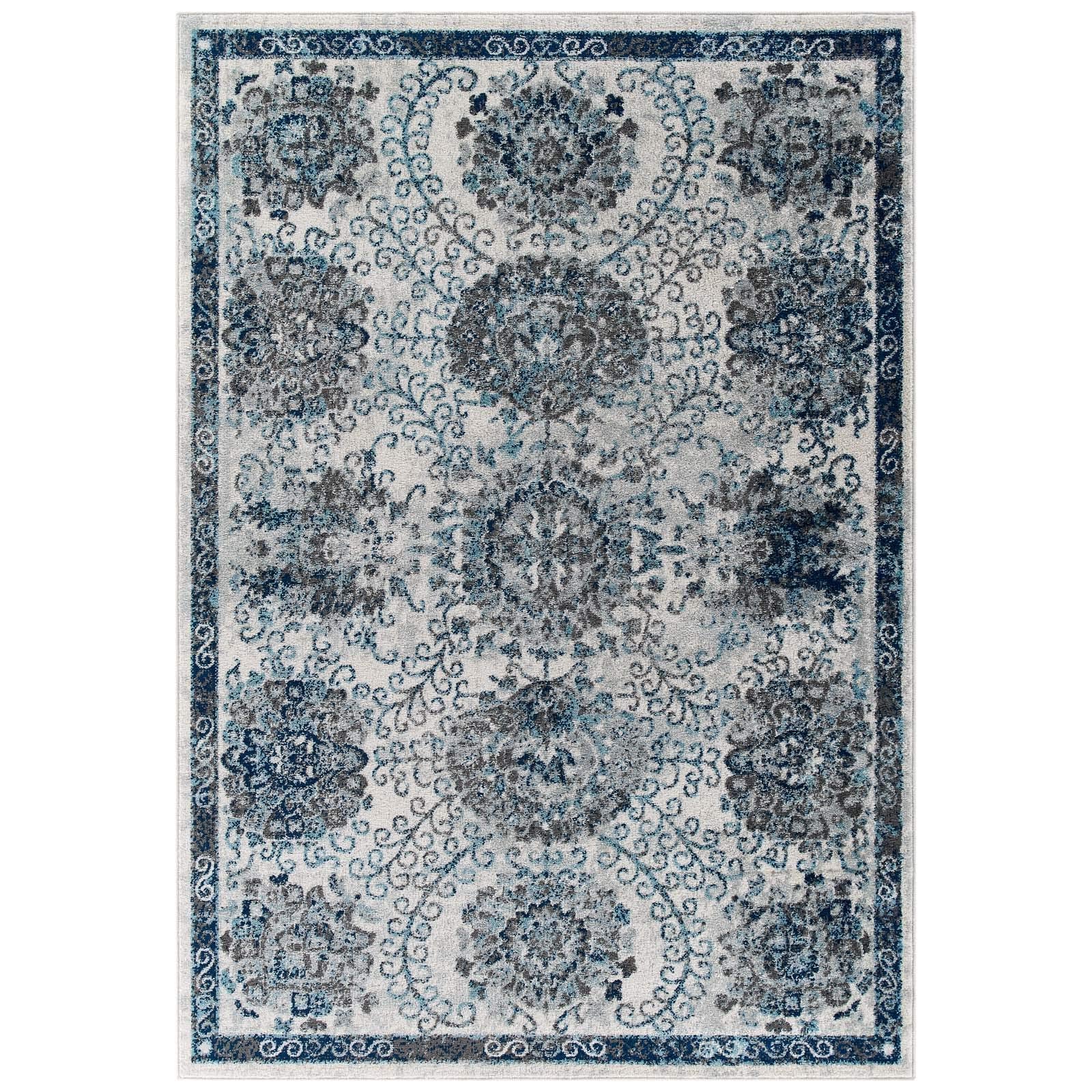 Modway Entourage Kensie Distressed Vintage Floral Moroccan Trellis Area Rug, 8X10, Ivory And Blue